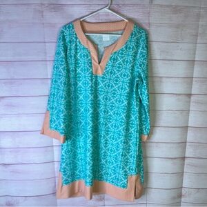 Cabana Life Beautiful Aqua Orange One Button Neck Closure Dress Size XL